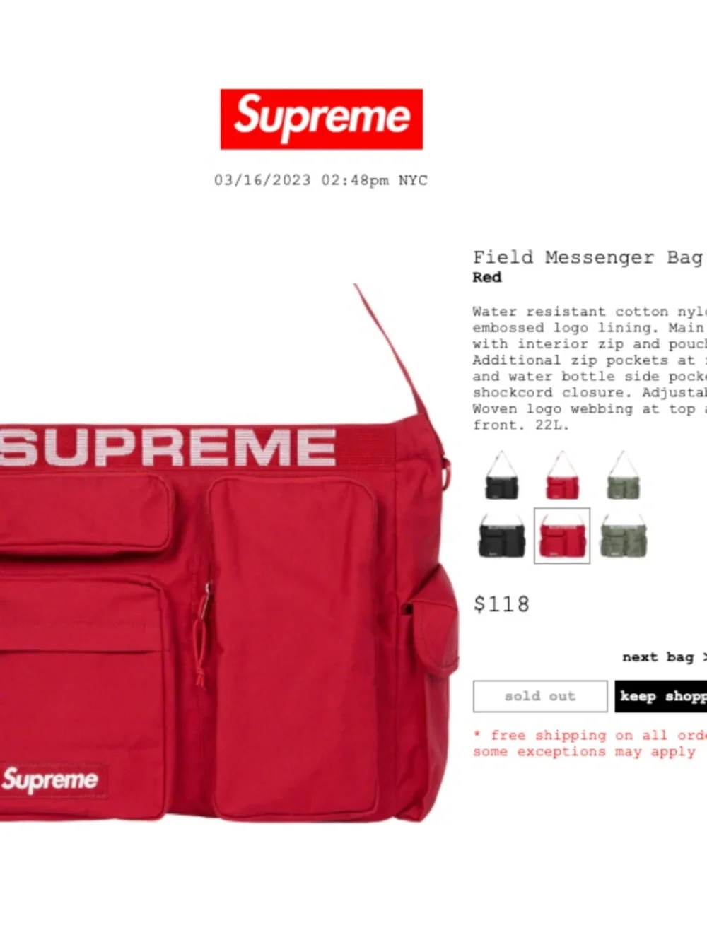 SUPREME® | FIELD MESSENGER BAG | RED with WHITE LOGOS